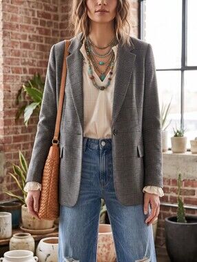 LOFT Glen Plaid Blazer Womens 14 Tailored Menswear Jacket Work Classic